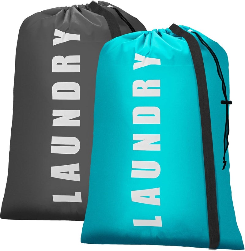 Isink Heavy Duty Laundry Bag with Strap,2 Pack Travel Laundry Bags for Dirty Clothes,24" x 36" Large Laundry Bag for Traveling,Camping,Dorm (Cyan + Gray) - Image 1